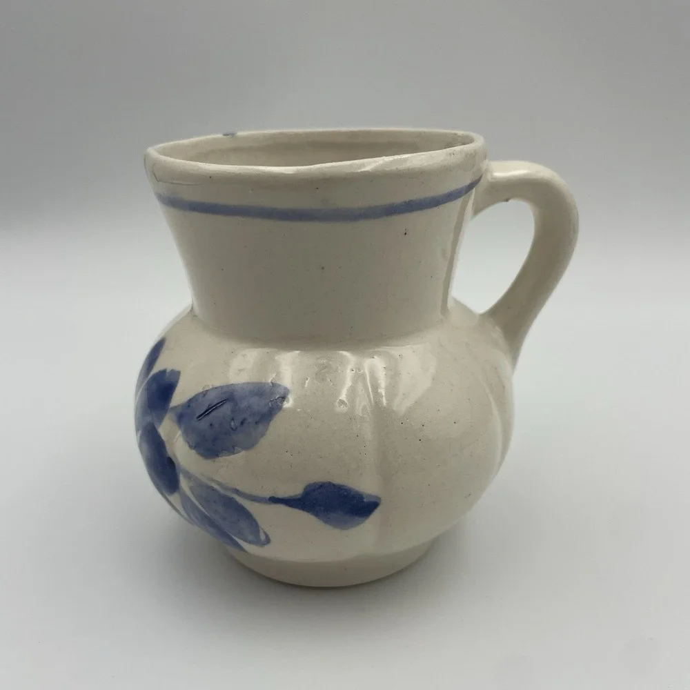 Blue & White Stoneware Mug/Vase- Blue Floral On Cream Mug Unmarked Vintage 10 Oz